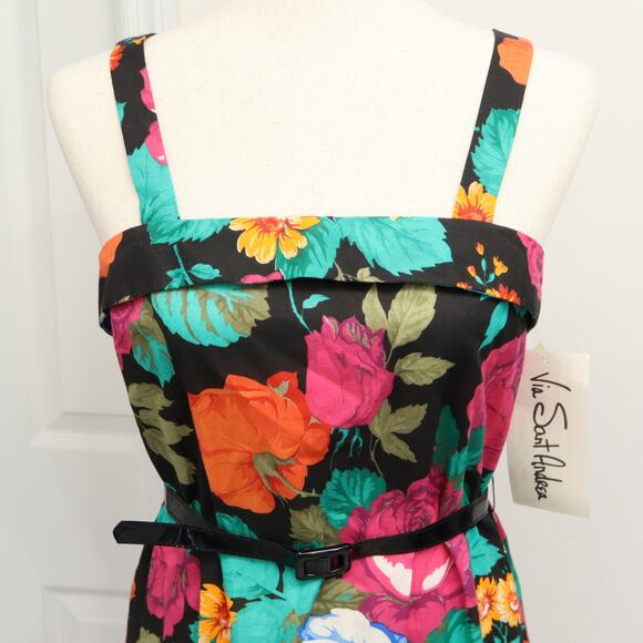 NWT VTG Via Sant Andrea Midi Dress 10 Rose Floral A Line Belted Colorful Retro - Picture 3 of 14
